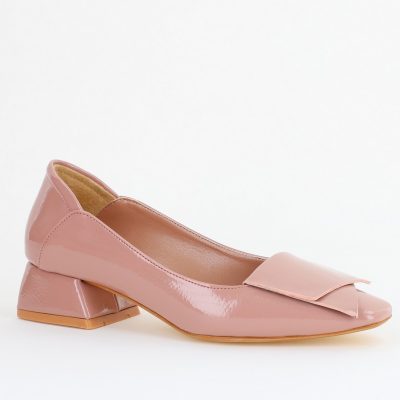 Pantofi Damă cu Toc Jos din Piele Ecologică Roz somon Lac (BS500D2405476)