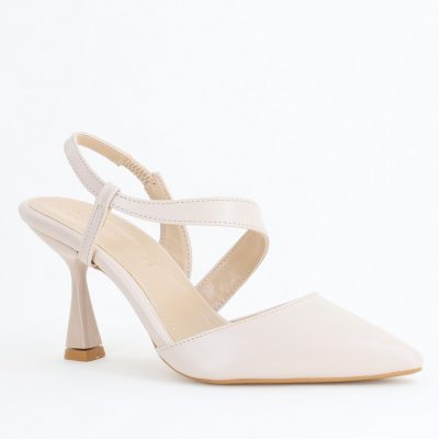 Pantofi Damă cu Toc Subțire din Piele Ecologică cu elastic Bej BS610AY2405340