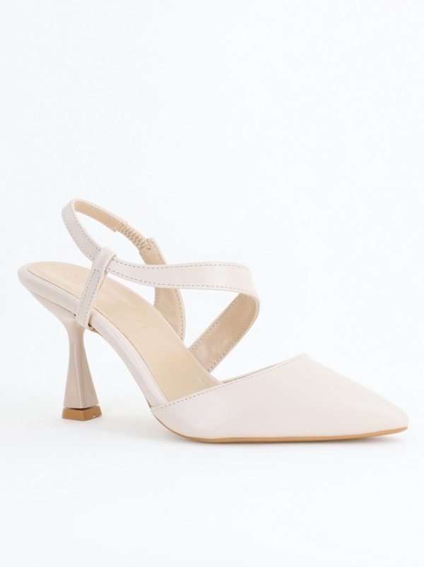 Incaltaminte Dama - Pantofi Damă cu Toc Subțire din Piele Ecologică cu elastic Bej BS610AY2405340