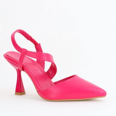 Pantofi Damă cu Toc Subțire din Piele Ecologică cu elastic Fuchsia BS610AY2405341