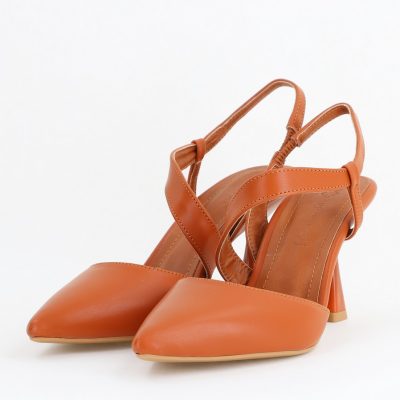 Pantofi Damă cu Toc Subțire din Piele Ecologică cu elastic Maro BS610AY2405342