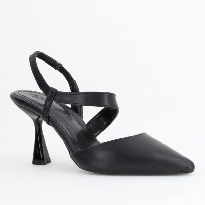 Pantofi Damă cu Toc Subțire din Piele Ecologică cu elastic Negru BS610AY2405344