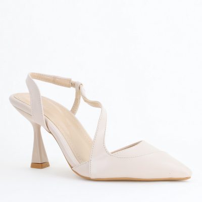Pantofi Damă cu Toc Subțire din Piele Ecologică cu elastic Bej BS805AY2405347