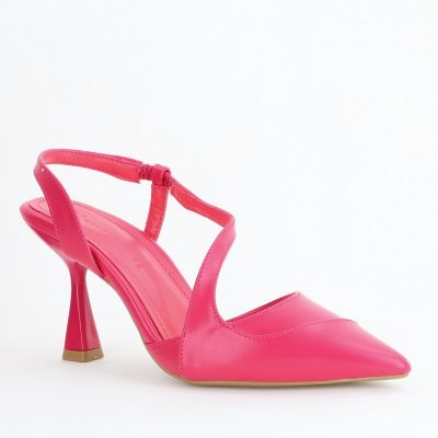 Pantofi Damă cu Toc Subțire din Piele Ecologică cu elastic Fuchsia BS805AY2405345