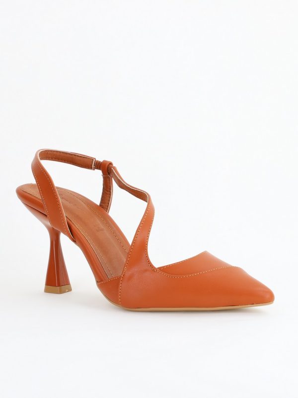 Incaltaminte Dama - Pantofi Damă cu Toc Subțire din Piele Ecologică cu elastic Maro BS805AY2405346