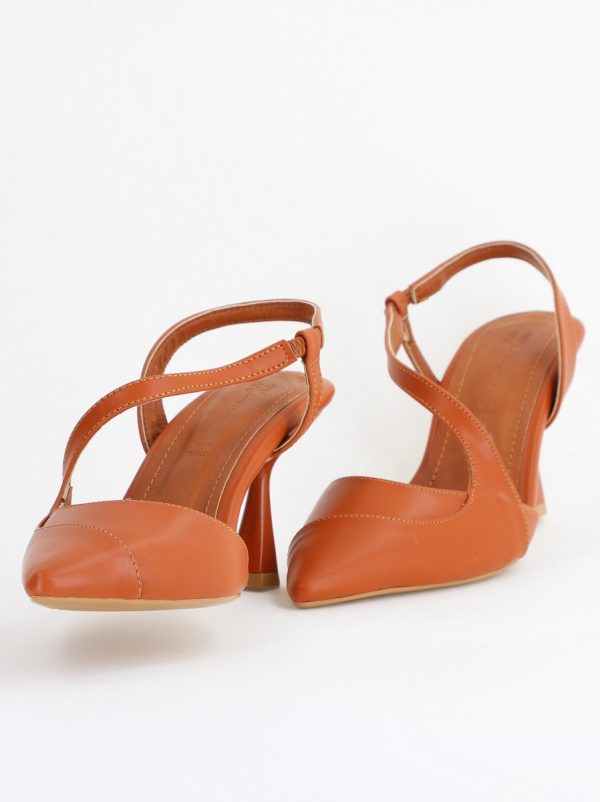 Pantofi Damă cu Toc Subțire din Piele Ecologică cu elastic Maro BS805AY2405346 122