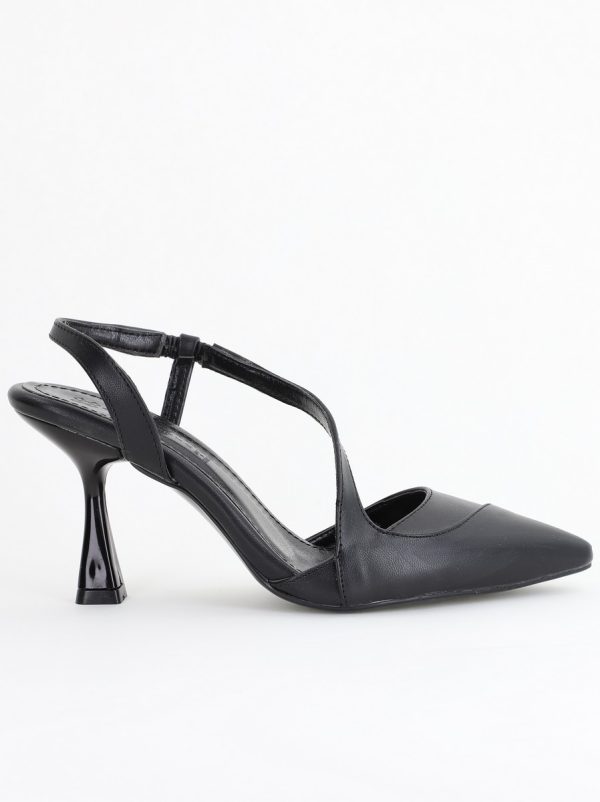 Pantofi Damă cu Toc Subțire din Piele Ecologică cu elastic Negru BS805AY2405349 124
