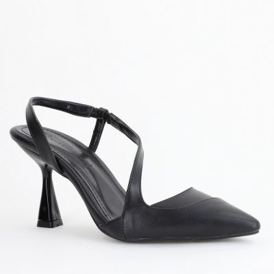 Pantofi Damă cu Toc Subțire din Piele Ecologică cu elastic Negru BS805AY2405349