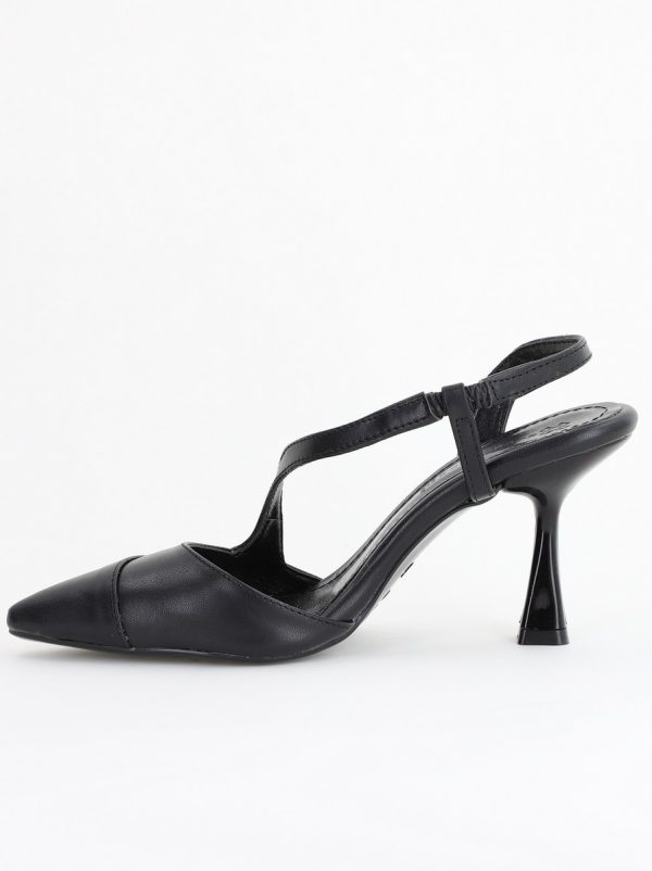 Pantofi Damă cu Toc Subțire din Piele Ecologică cu elastic Negru BS805AY2405349 127