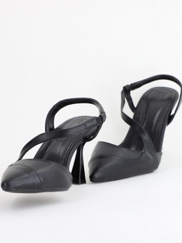 Pantofi Damă cu Toc Subțire din Piele Ecologică cu elastic Negru BS805AY2405349 122