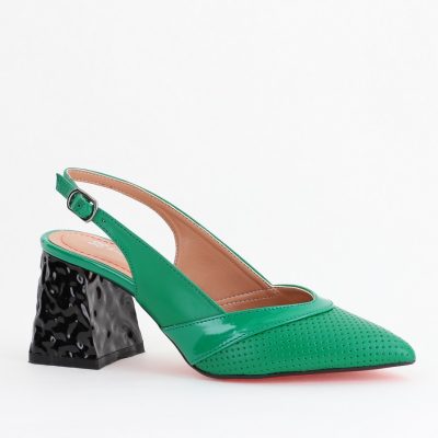 Pantofi Dama decupați cu Toc Piele Ecologica cu perforații verde BS771AY2404242