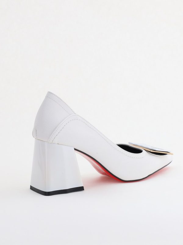 Pantofi Femei cu Toc Gros Piele Ecologică Varf Ascutit design cu pietricele Alb- BS2003D2405410 127