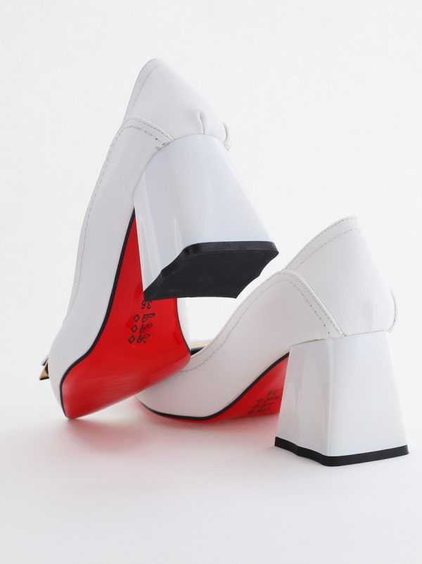 Pantofi Femei cu Toc Gros Piele Ecologică Varf Ascutit design cu pietricele Alb- BS2003D2405410 122