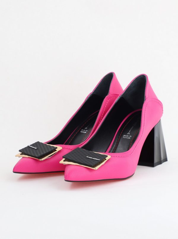 Pantofi Femei cu Toc Gros Piele Ecologică Varf Ascutit design cu pietricele Fuchsia- BS2003D2405412 124