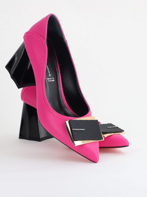 Pantofi Femei cu Toc Gros Piele Ecologică Varf Ascutit design cu pietricele Fuchsia- BS2003D2405412 120