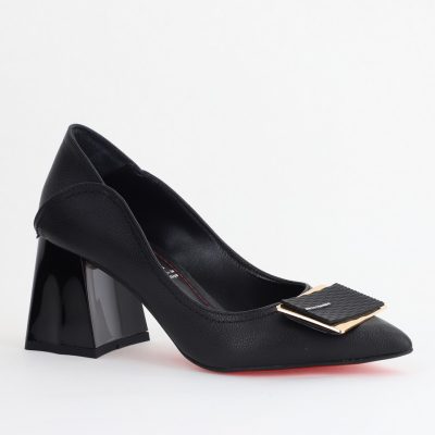 Pantofi Femei cu Toc Gros Piele Ecologică Varf Ascutit design cu pietricele Negru - BS2003D2405417