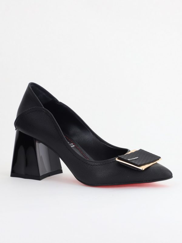 Pantofi Eleganti Dama - Pantofi Femei cu Toc Gros Piele Ecologică Varf Ascutit design cu pietricele Negru - BS2003D2405417