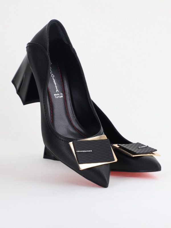 Pantofi Femei cu Toc Gros Piele Ecologică Varf Ascutit design cu pietricele Negru - BS2003D2405417 127