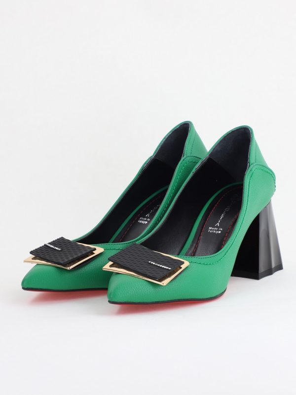 Pantofi Femei cu Toc Gros Piele Ecologică Varf Ascutit design cu pietricele Verde - BS2003D2405416 124