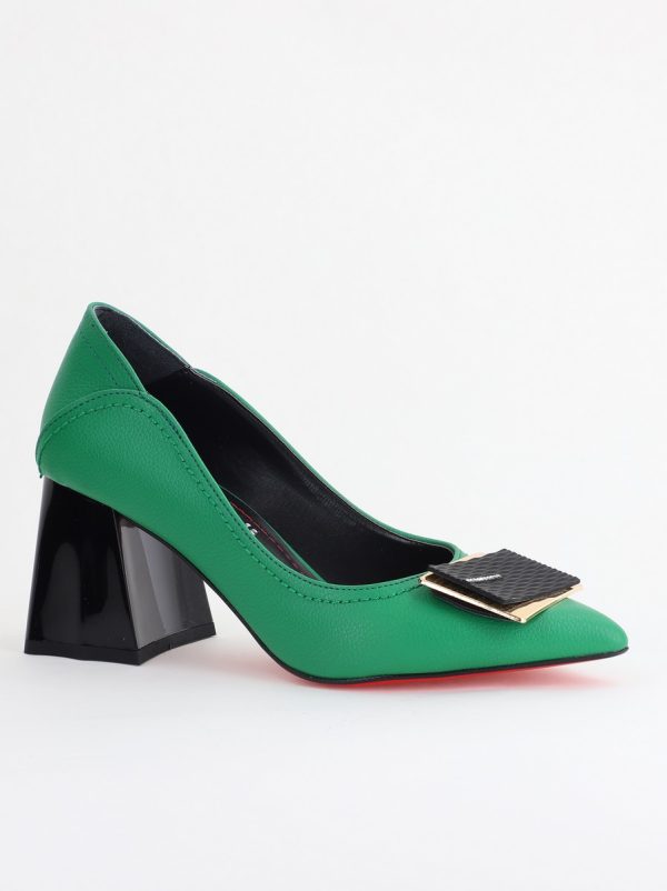 Pantofi Verzi cu Toc Gros - Pantofi Femei cu Toc Gros Piele Ecologică Varf Ascutit design cu pietricele Verde - BS2003D2405416