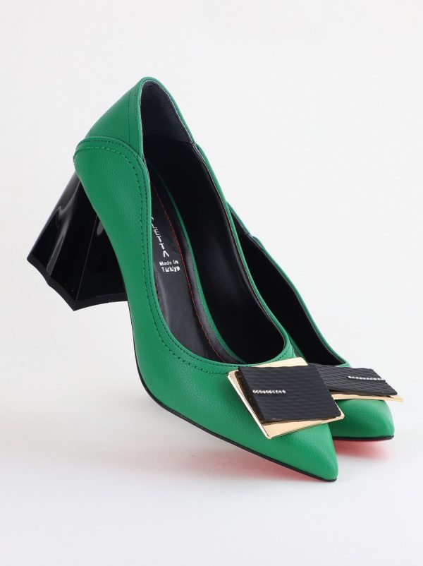 Pantofi Femei cu Toc Gros Piele Ecologică Varf Ascutit design cu pietricele Verde - BS2003D2405416 120