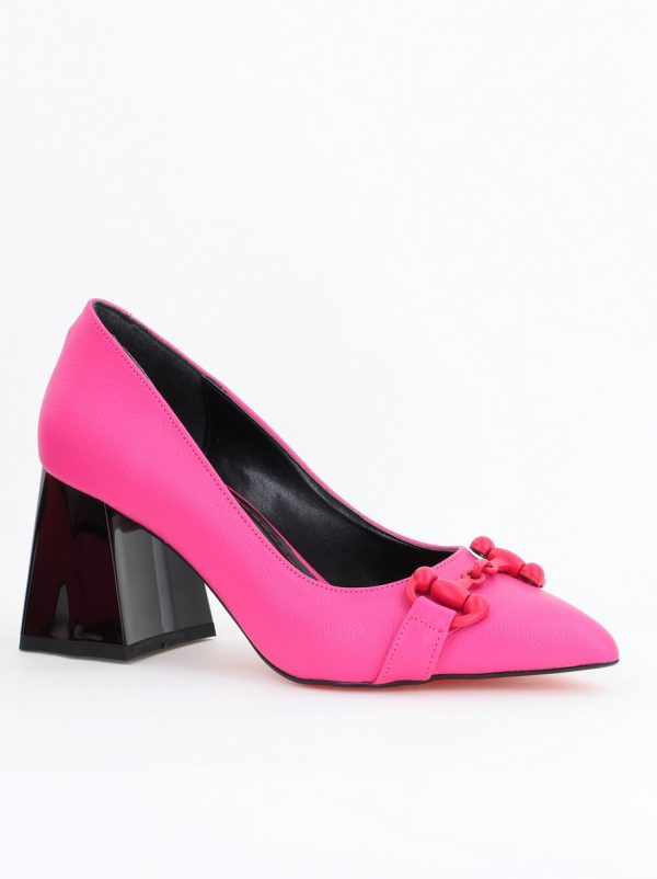 Incaltaminte Dama - Pantofi Fuchsia cu Toc Gros Piele Ecologică Varf Ascutit - BS732NAY2404215