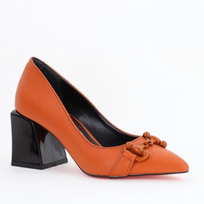 Pantofi Maro cu Toc Gros Piele Ecologică Varf Ascutit - BS732TAY2405265