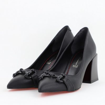 Pantofi Negri cu Toc Gros Piele Ecologică Varf Ascutit - BS732TAY2404171