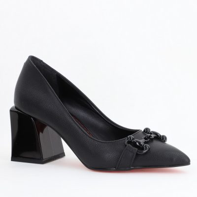 Pantofi Negri cu Toc Gros Piele Ecologică Varf Ascutit - BS732TAY2404171