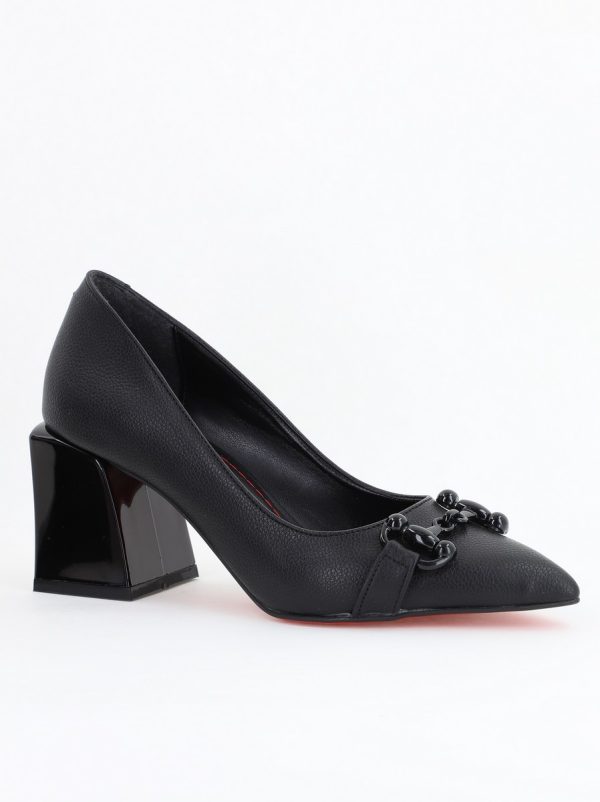 Incaltaminte Dama - Pantofi Negri cu Toc Gros Piele Ecologică Varf Ascutit - BS732TAY2404171