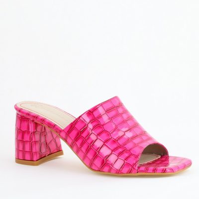 Saboți cu toc damă din piele ecologica texturată nuanță roz fuchsia (BS260TR2405337)