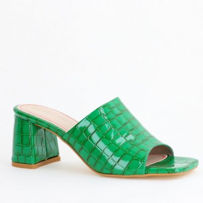 Saboți cu toc damă din piele ecologica texturată nuanță Verde (BS260TR2405332)