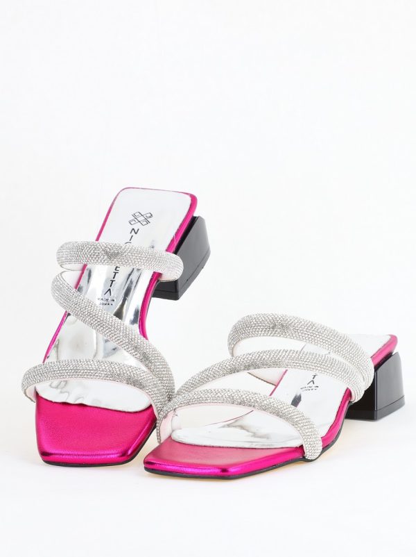 Saboți cu toc jos pentru femei din piele ecologica cu detalii de pietricele culoare fuchsia (BS55TR2405301) 120
