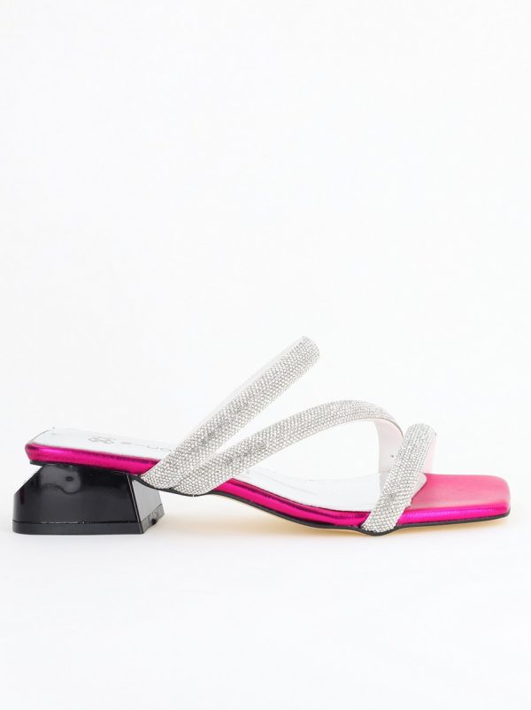 Saboți cu toc jos pentru femei din piele ecologica cu detalii de pietricele culoare fuchsia (BS55TR2405301) 122