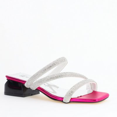 Saboți cu toc jos pentru femei din piele ecologica cu detalii de pietricele culoare fuchsia (BS55TR2405301)