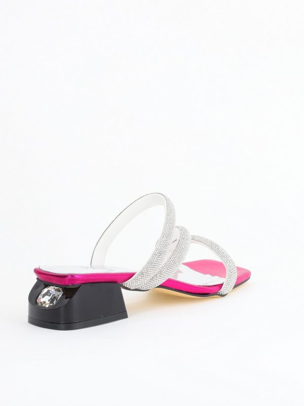 Saboți cu toc jos pentru femei din piele ecologica cu detalii de pietricele culoare fuchsia (BS55TR2405301) 126