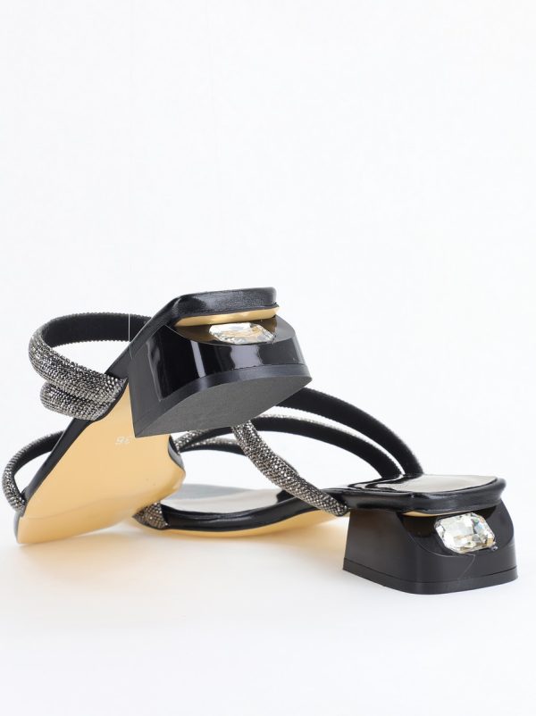 Saboți cu toc jos pentru femei din piele ecologica cu detalii de pietricele culoare negru (BS55TR2405298) 123