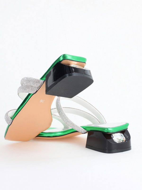 Saboți cu toc jos pentru femei din piele ecologica cu detalii de pietricele culoare verde (BS55TR2405304) 127