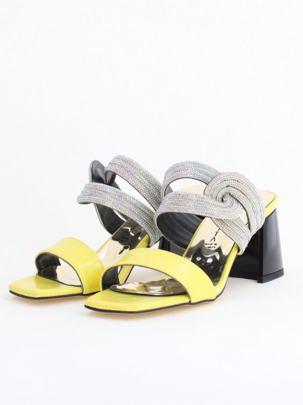 saboti cu toc pentru femei din piele ecologica accesorizati cu strasuri culoare galben bs522tr2405398 2