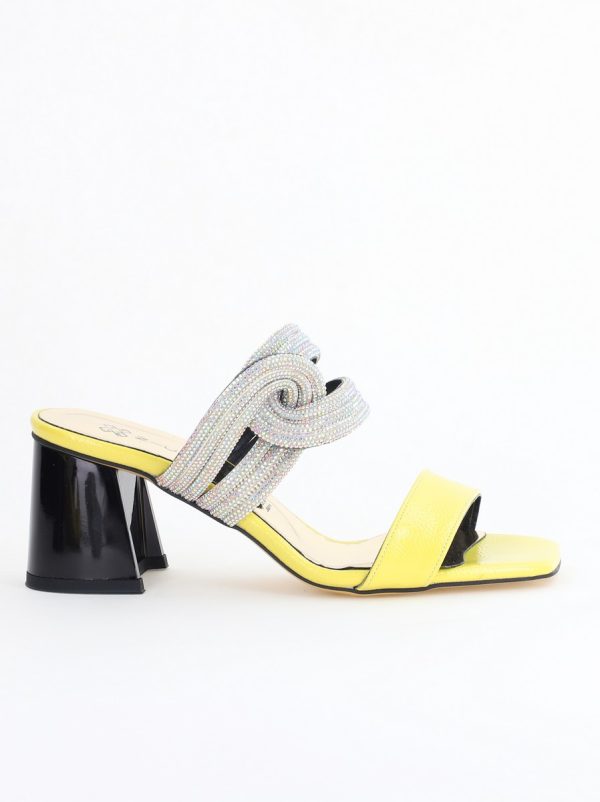 saboti cu toc pentru femei din piele ecologica accesorizati cu strasuri culoare galben bs522tr2405398 3