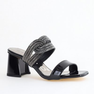 Saboți cu toc pentru femei din piele ecologică accesorizati cu strasuri culoare Negru (BS522TR2405402)