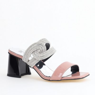 Saboți cu toc pentru femei din piele ecologică accesorizati cu strasuri culoare Roz (BS522TR2405399)