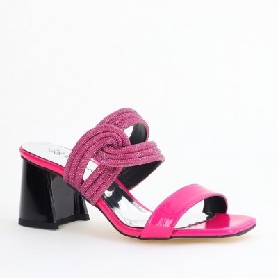 Saboți cu toc pentru femei din piele ecologică accesorizati cu strasuri culoare Fuchsia (BS522TR2405400)