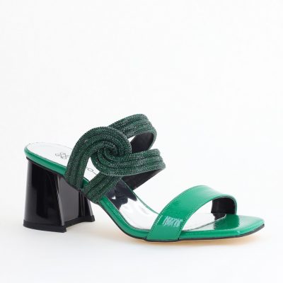 Saboți cu toc pentru femei din piele ecologică accesorizati cu strasuri culoare Verde (BS522TR2405401)