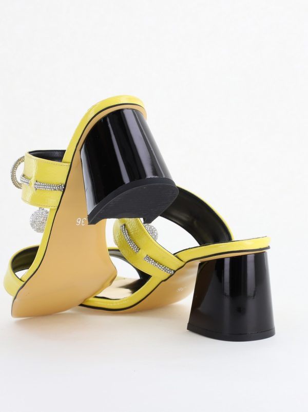 Saboți cu toc pentru femei din piele ecologică accesorizati cu strasuri culoarea Galben Lemon (BS521TR2405325) 124
