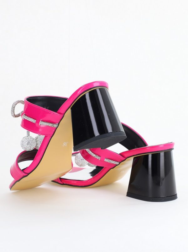 Saboți cu toc pentru femei din piele ecologică accesorizati cu strasuri culoarea Roz fuchsia (BS521TR2405369) 124