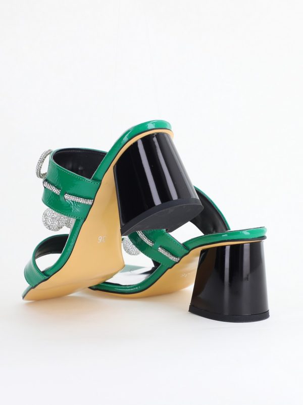 Saboți cu toc pentru femei din piele ecologică accesorizati cu strasuri culoarea verde (BS521TR2405370) 124