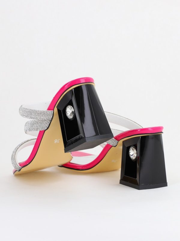 Saboți cu toc pentru femei din piele ecologica cu detalii de pietricele în nuanta Fuchsia (BS300TR2405312) 124
