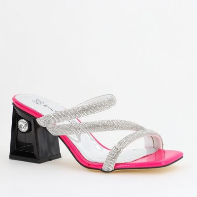 Saboți cu toc pentru femei din piele ecologica cu detalii de pietricele în nuanta Fuchsia (BS300TR2405312)