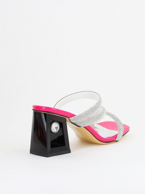 Saboți cu toc pentru femei din piele ecologica cu detalii de pietricele în nuanta Fuchsia (BS300TR2405312) 127